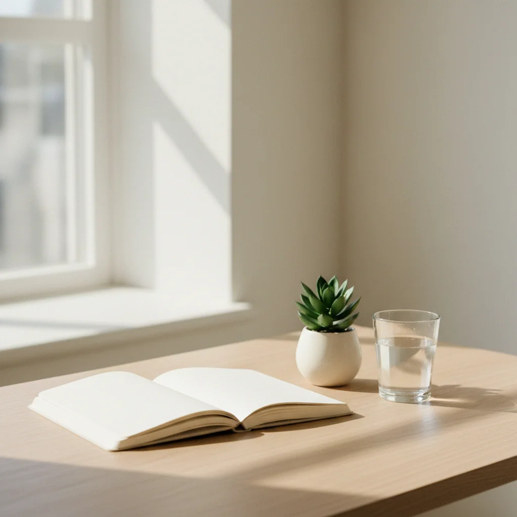 Clean workspace with a notebook, potted plant and glass of water on a pale oak desk