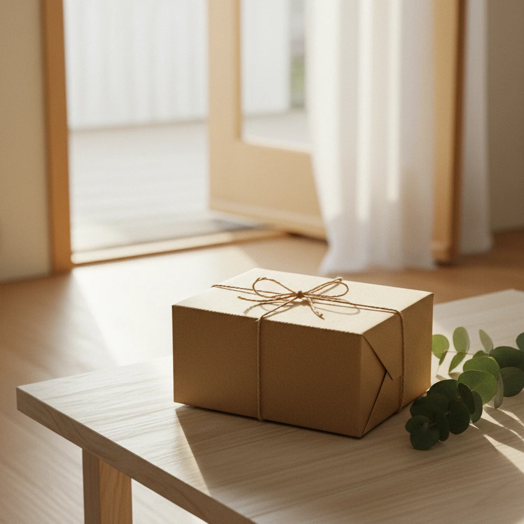 Neat kraft paper parcel on a light wooden shelf near a front door