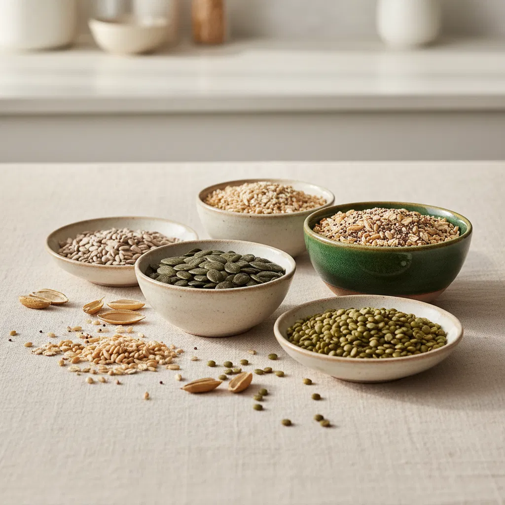 Bowl of mixed wholegrains, pumpkin seeds and almonds on a cream linen surface