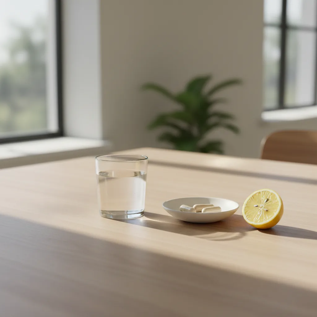 Glass of water and a small ceramic dish with capsules on a light oak breakfast table