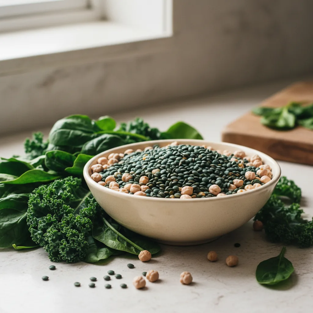 Close-up of dried green lentils and chickpeas in a ceramic bowl alongside dark leafy greens on a pale stone surface