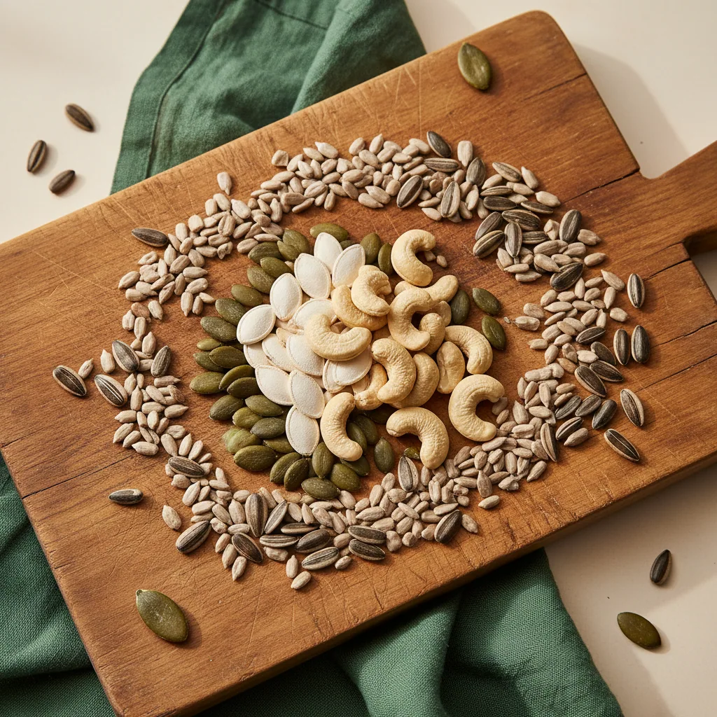 Pumpkin seeds, sunflower seeds and cashew nuts arranged on a wooden board
